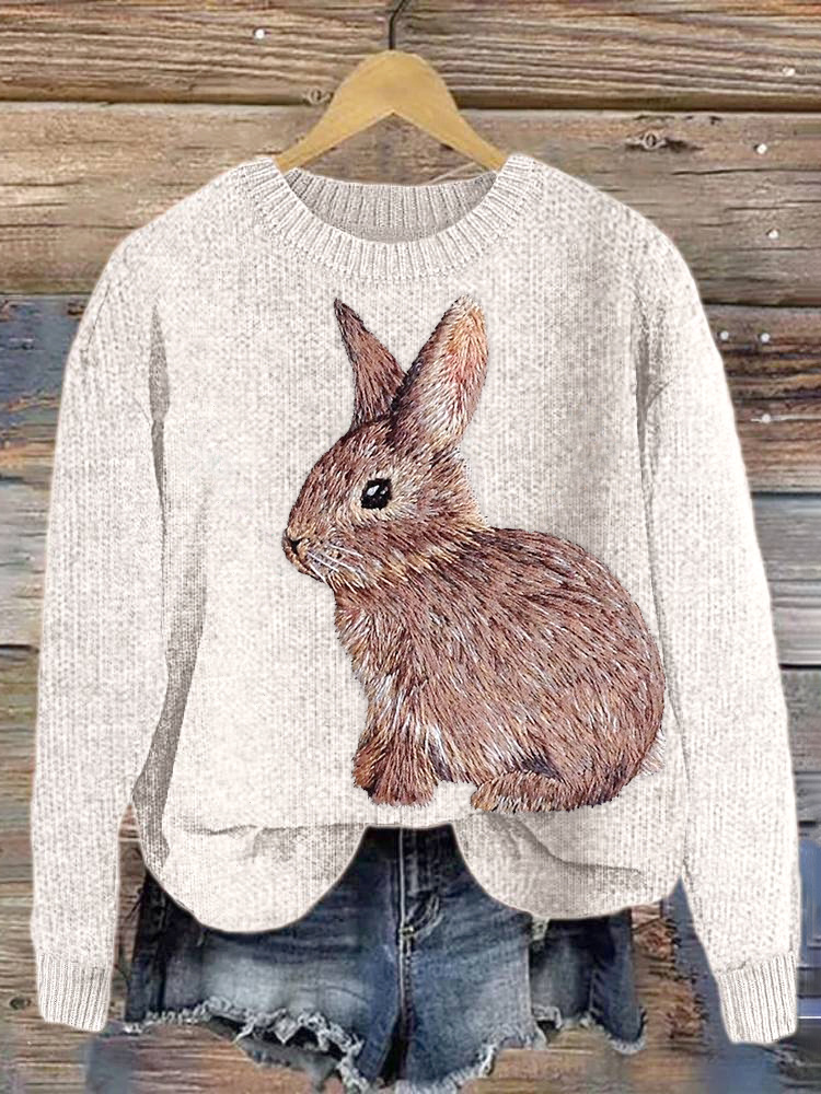 Embroidered Bunny Casual Cozy knit Sweater