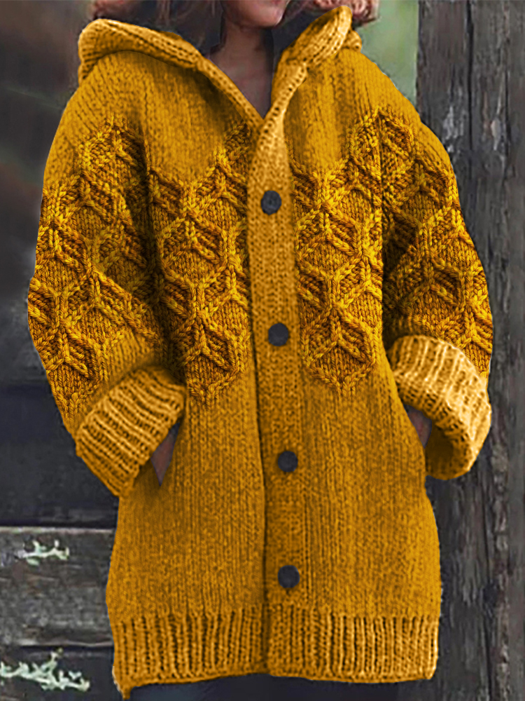 Bee Honeycomb Inspired Jacquard Cozy Hooded Cardigan