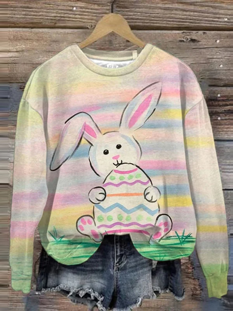 Women'S Easter Bunny Egg Print Round Neck Sweatshirt