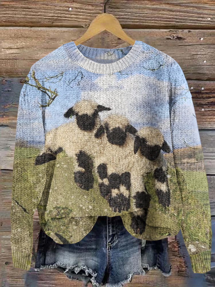 Sheep Print Casual Knitted Pullover Sweater