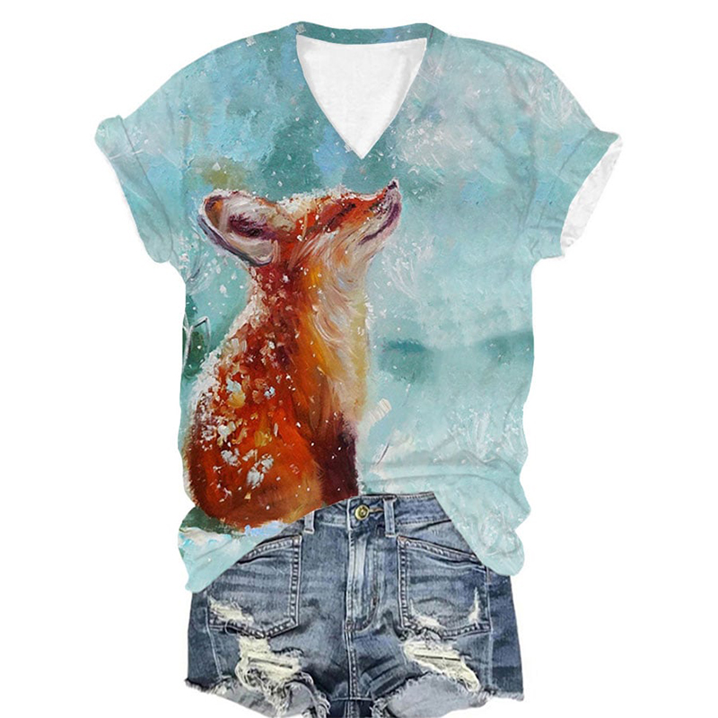 Fox Print V-Neck Short Sleeved T-Shirt