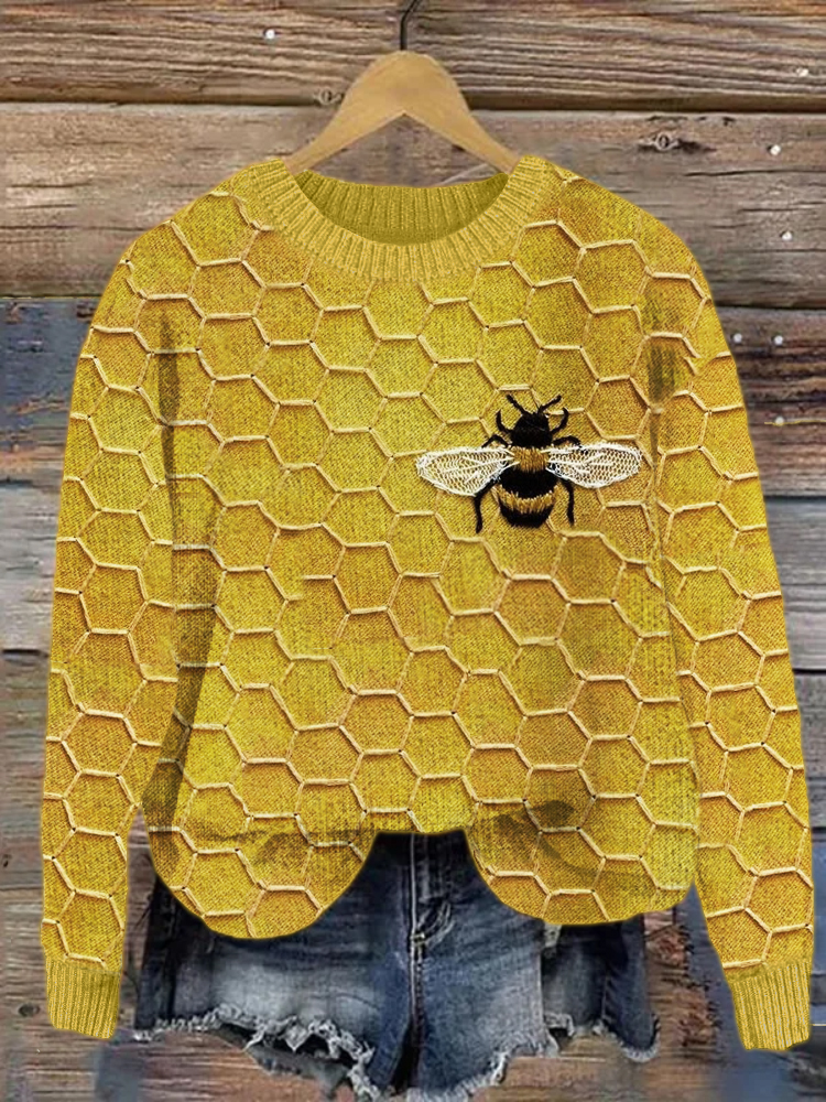 Bee & Honeycomb Embroidery Pattern Cozy Knit Sweater