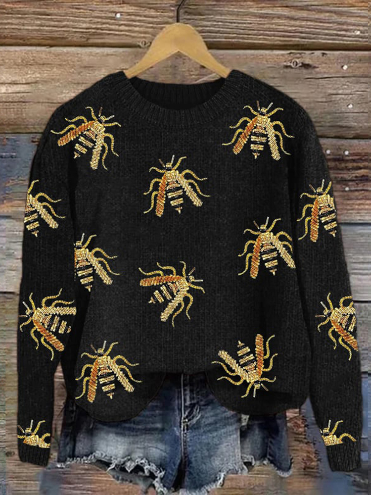 Bee Print Casual Knitted Pullover Sweater