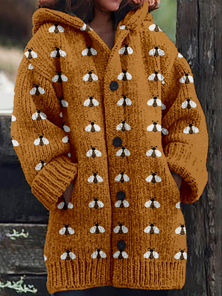 Lovely Bees Knit Pattern Cozy Hooded Cardigan