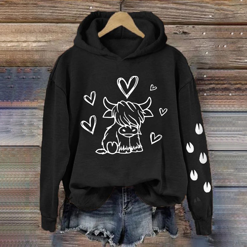 Women's Highland Cow In Love Print Vintage Hoodie