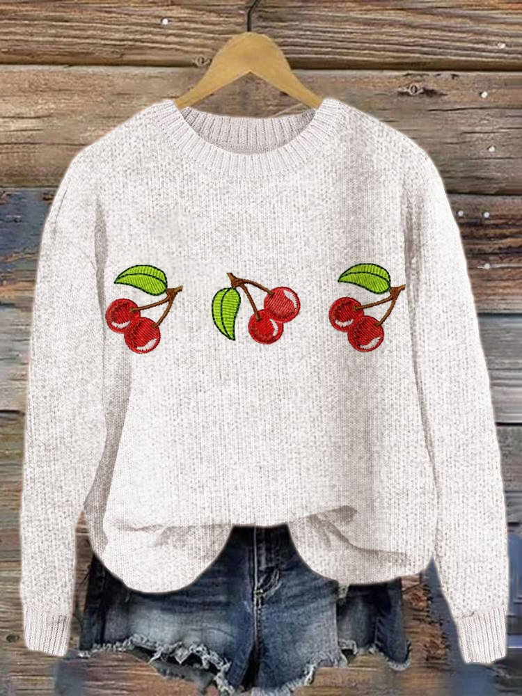 Cherry Embroidery Pattern Cozy Knit Sweater
