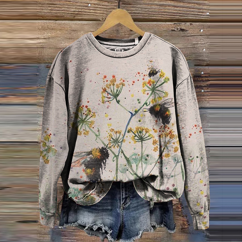 Vintage Floral Cute Bees Print Sweatshirt