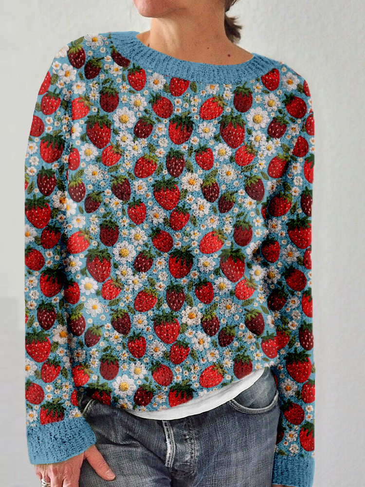 Felt Strawberries and Flowers Embroidery Pattern Cozy Sweater