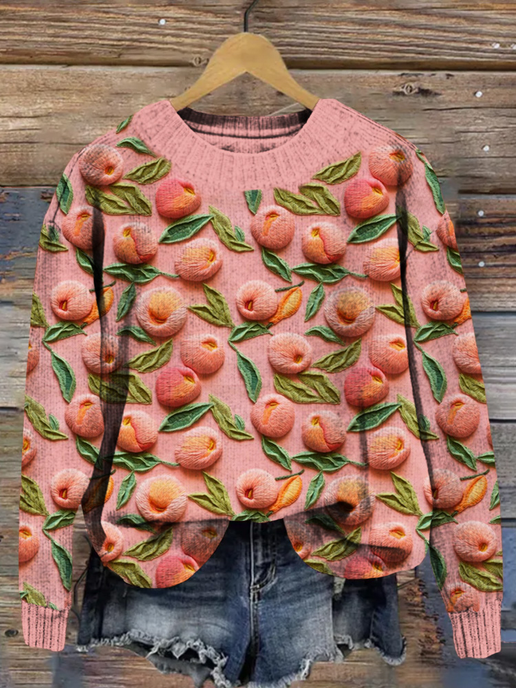 Pink Peach Embroidery Art Cozy Knit Sweater