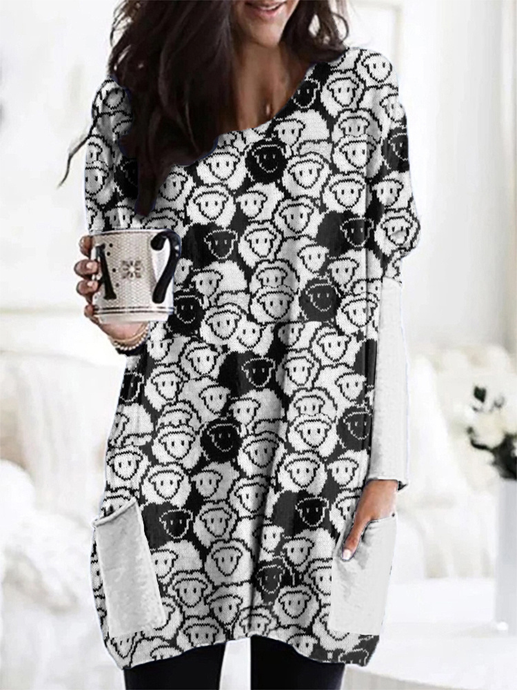 Cute Sheep Print Casual Cozy Long T-shirt