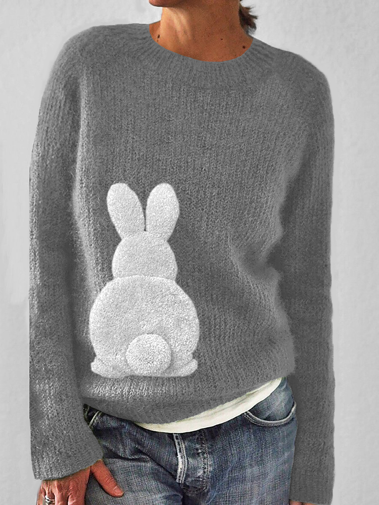 Fluffy Bunny Pattern Cozy Knit Sweater