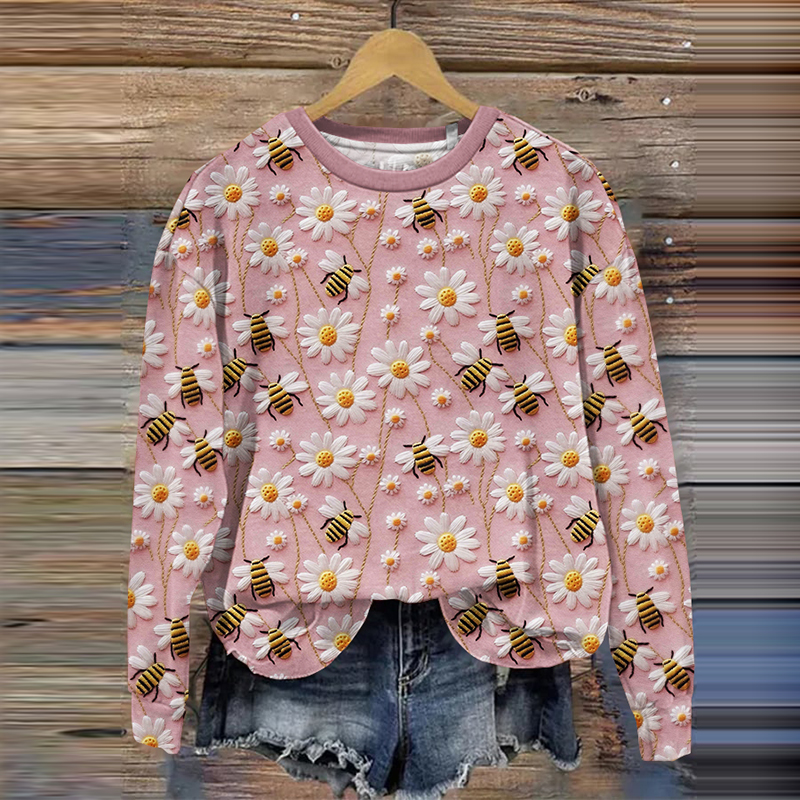 Daisy Bee Embroidery Art Print Casual Sweatshirt