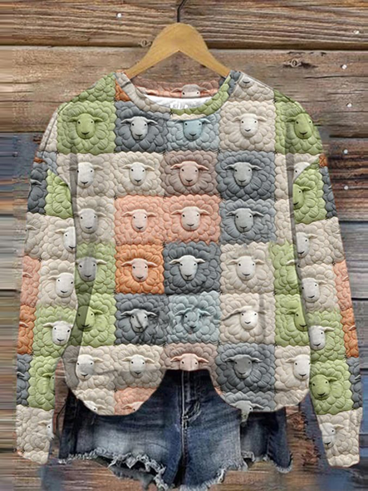Sheep Print Round Neck Casual Long Sleeve Sweatshirt