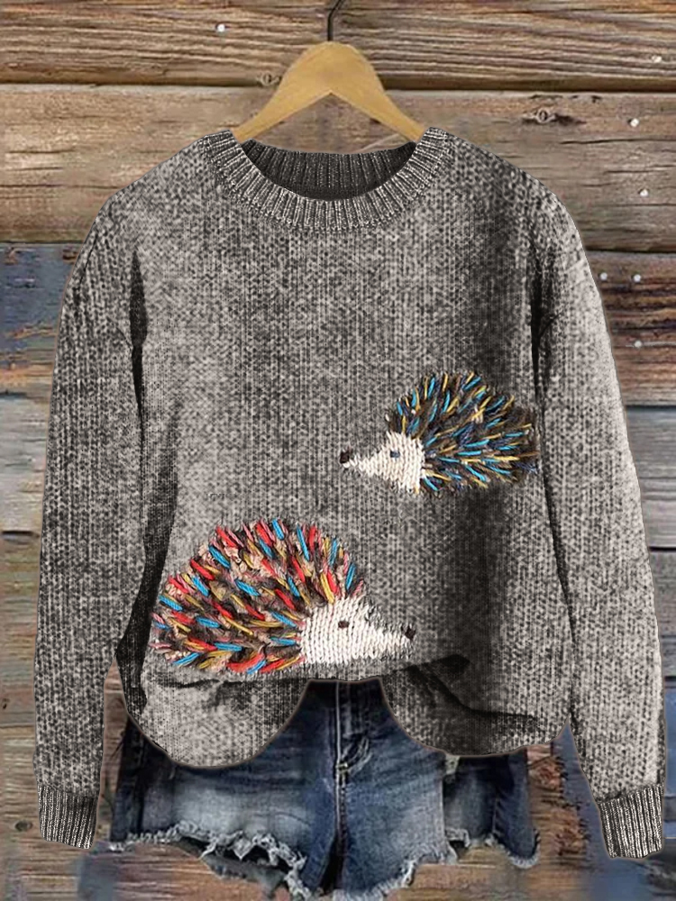Colorful Hedgehogs Embroidery Cozy Knit Sweater