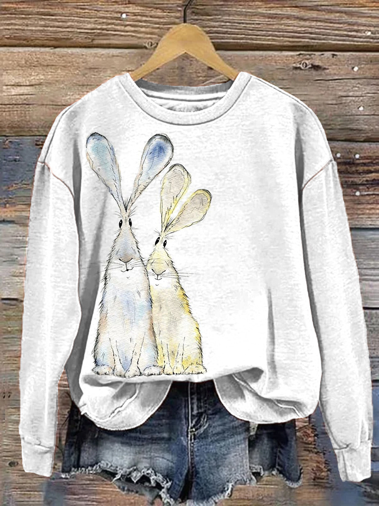 Watercolor Funny Rabbit Print Casual Cozy Sweatshirt