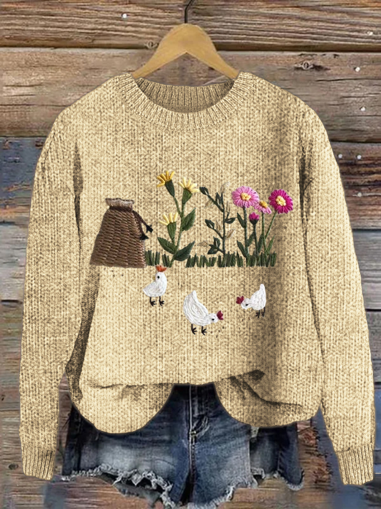 Farm Field Chicken Pattern Cozy Knit Sweater