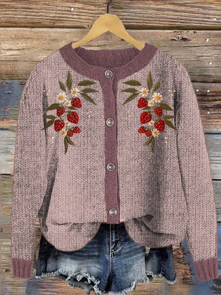 Strawberry Embroidery Crew Neck Cardigan