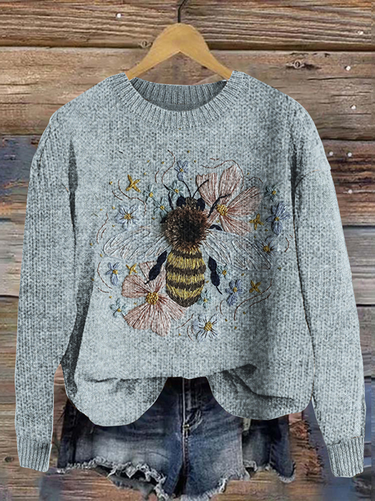 Bee Embroidery Printed Cozy Knit Sweater