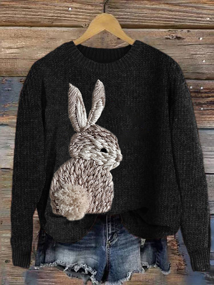 Embroidery Cute Rabbit Casual Cozy Knit Sweater