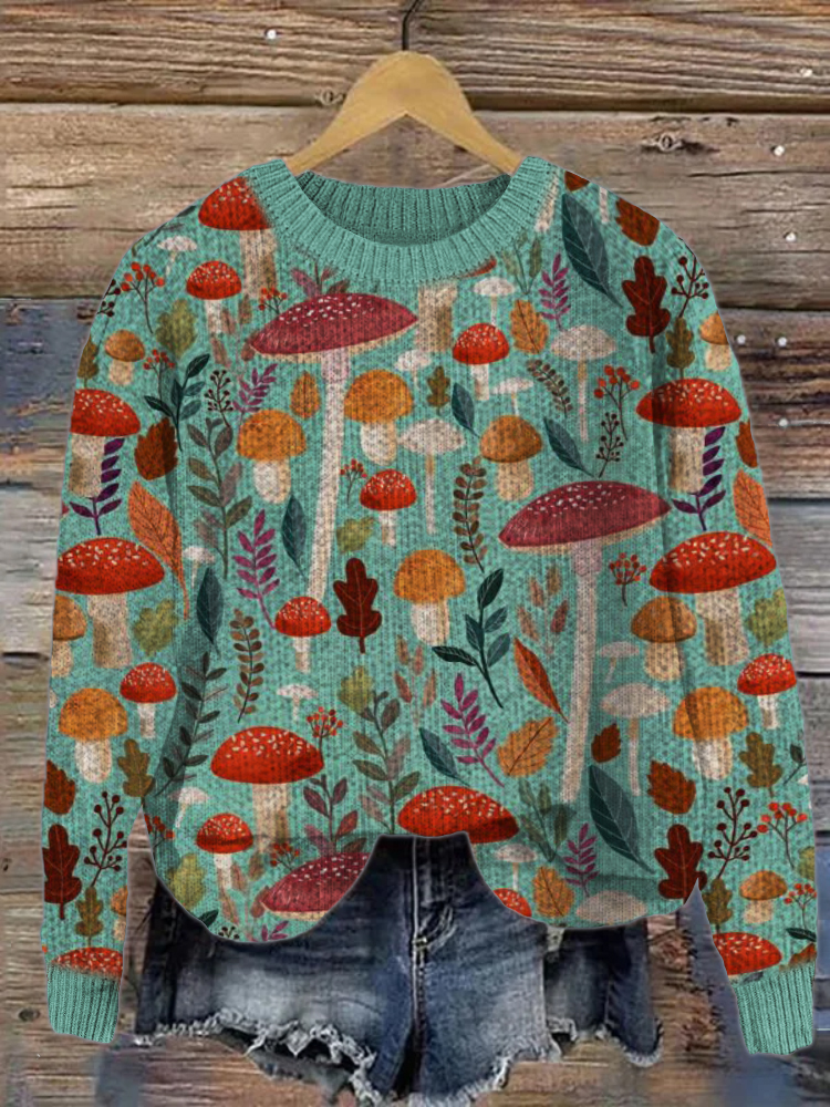 Forest Mushroom & Leaves Pattern Cozy Knit Sweater