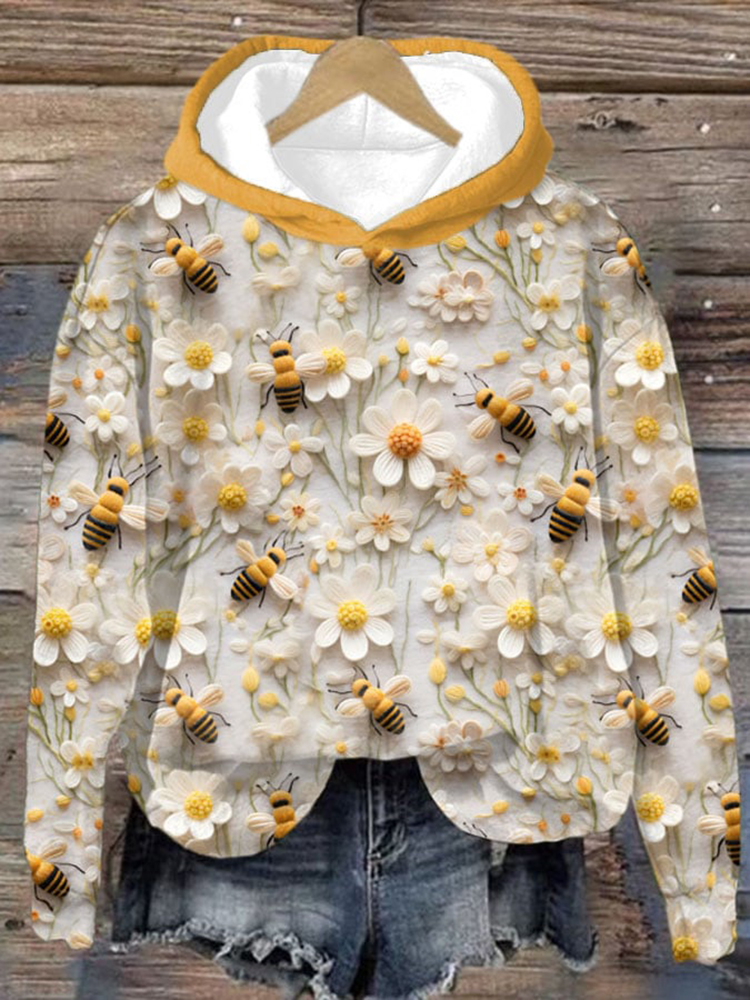 Daisy Bee Print Casual Hoodie