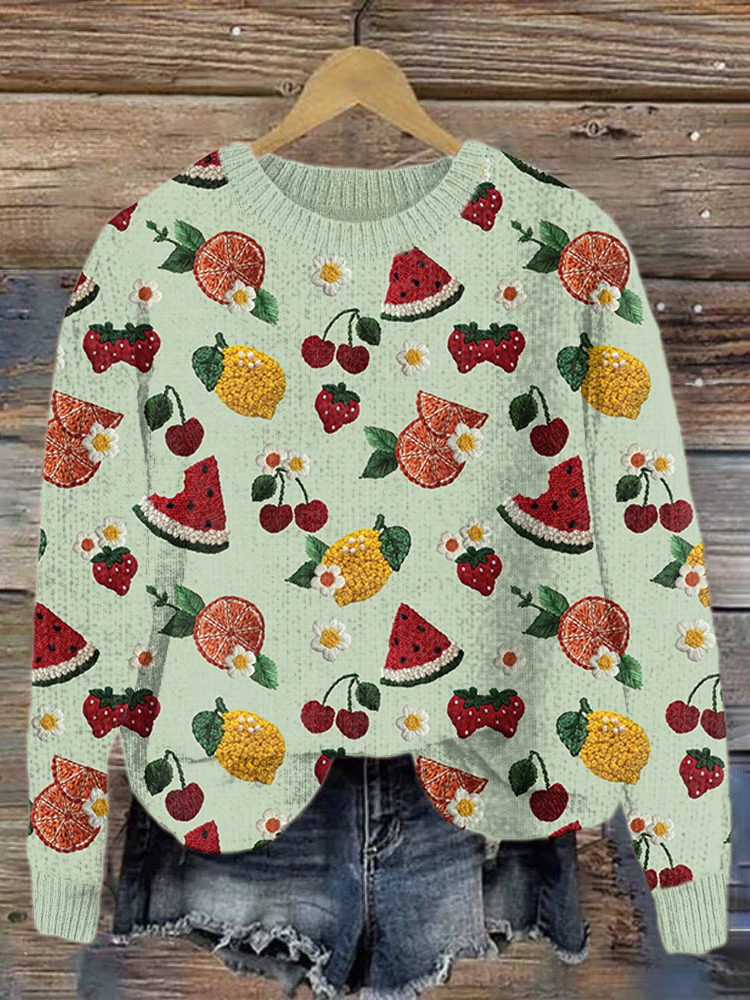 Fruit Pattern Embroidery Art Cozy Knit Sweater