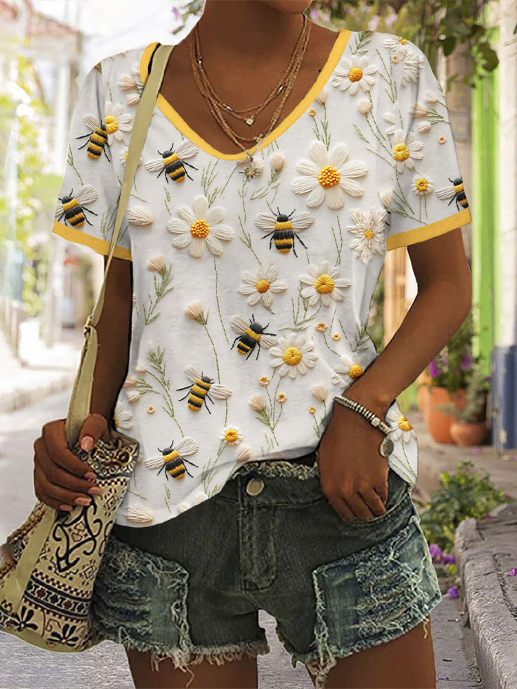 Daisy Bee Embroidery Art Print V-Neck T-Shirt