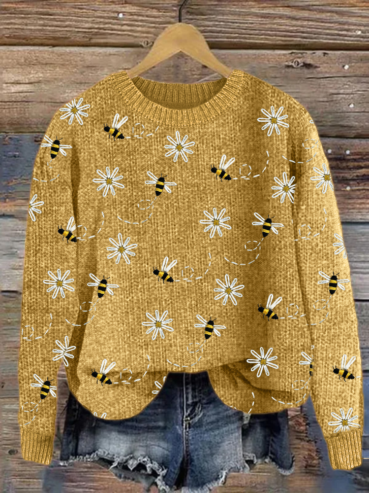Flying Bees Floral Embroidery Pattern Cozy Knit Sweater