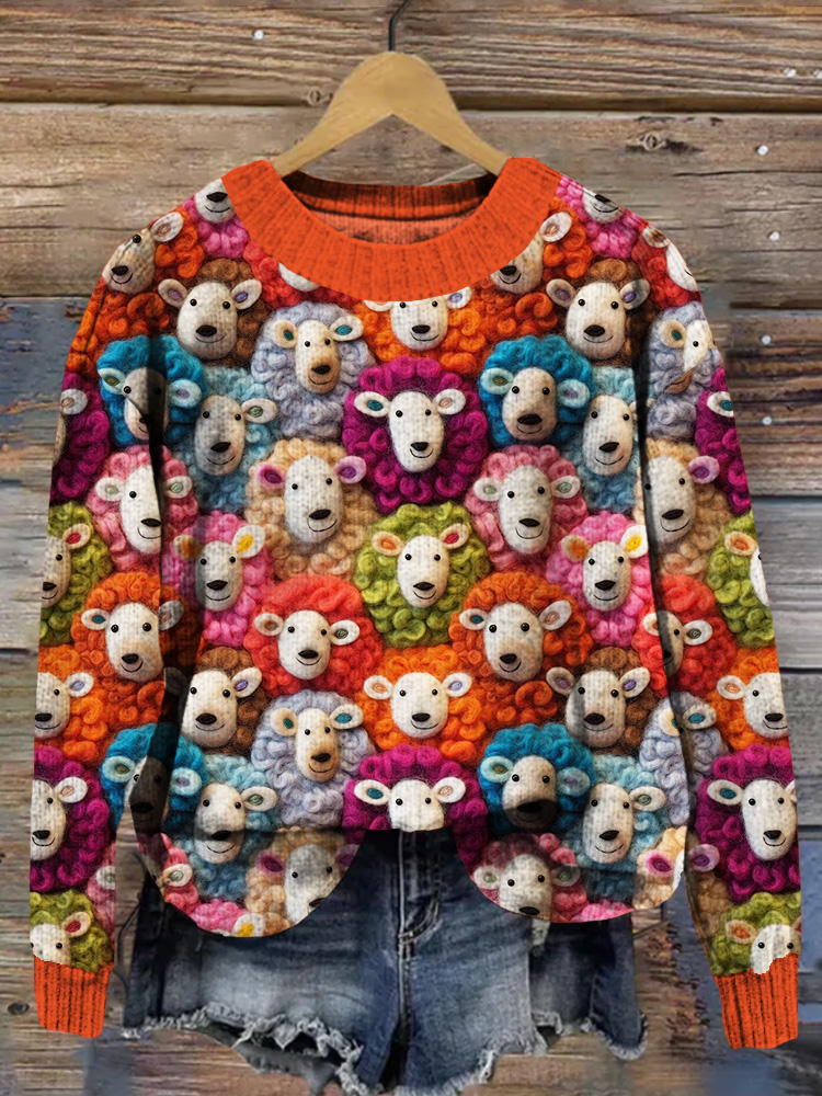Colorful Sheep Embroidery Art Cozy Knit Sweater