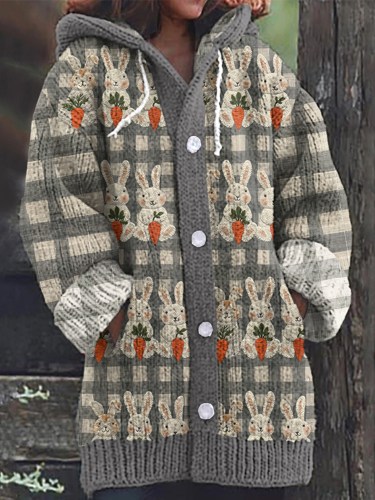 Vintage Flower Bunny Pattern Cozy Hooded Cardigan