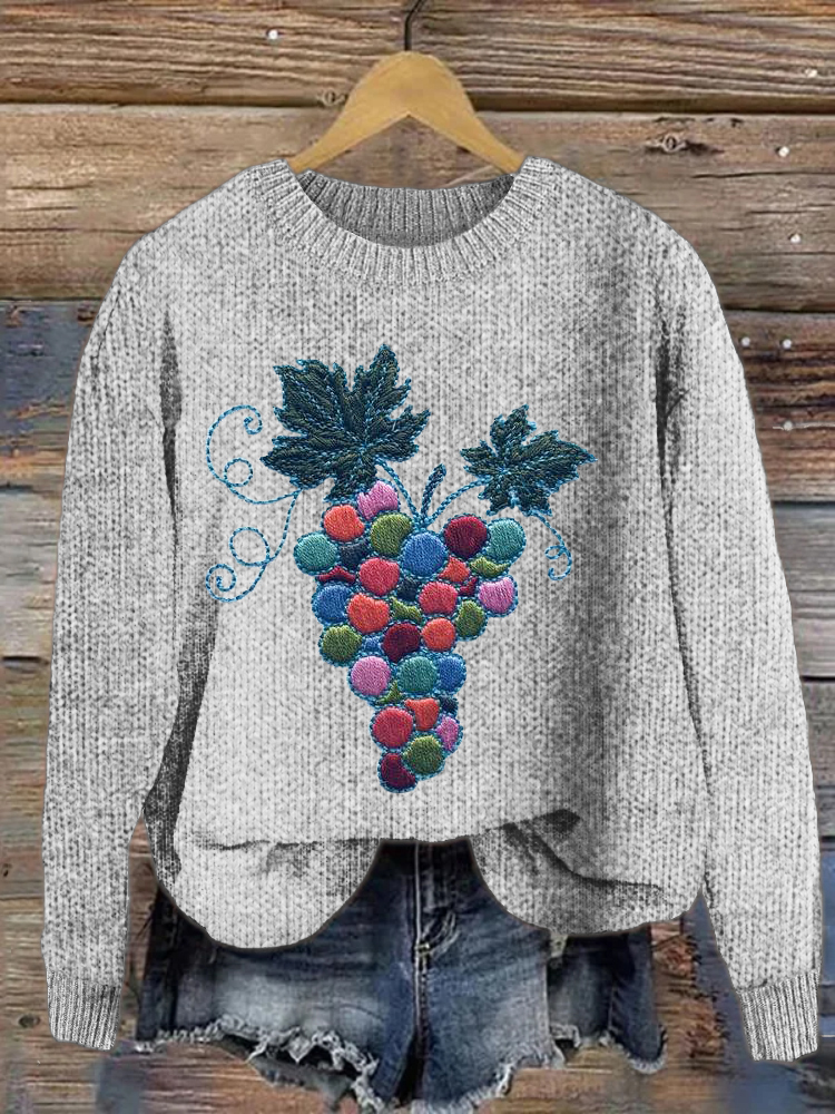 Grape Embroidery Cozy Knit Sweater