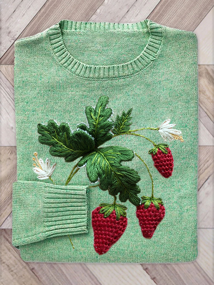 Strawberry Embroidery Cozy Knit Sweater