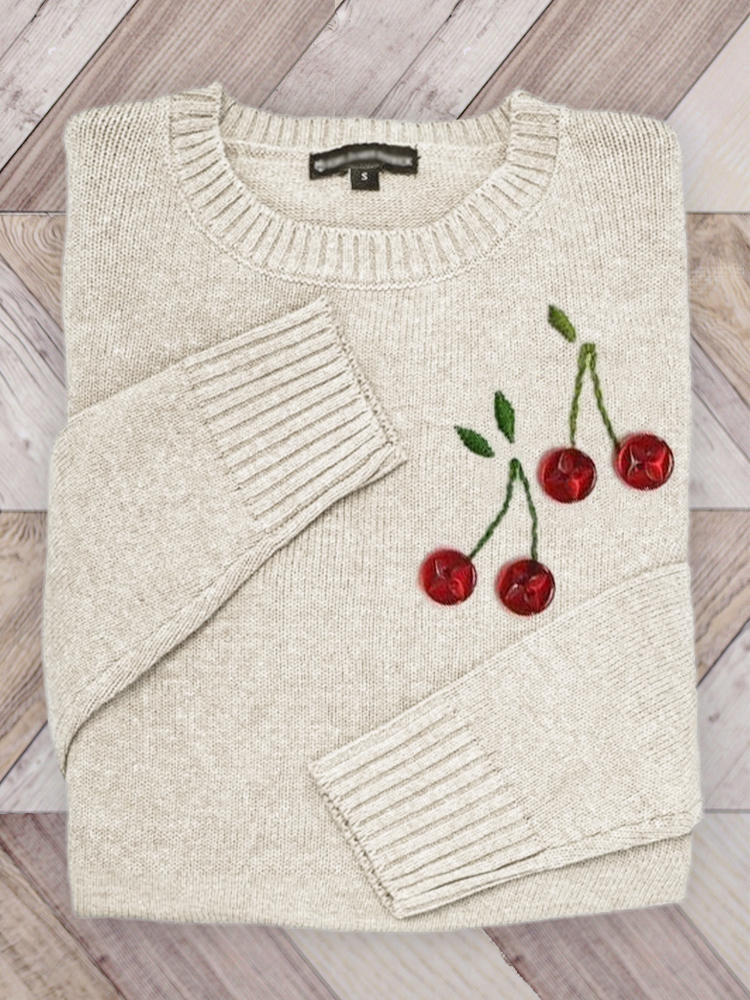 Cherry Buttons Embroidery Art Cozy Knit Sweater