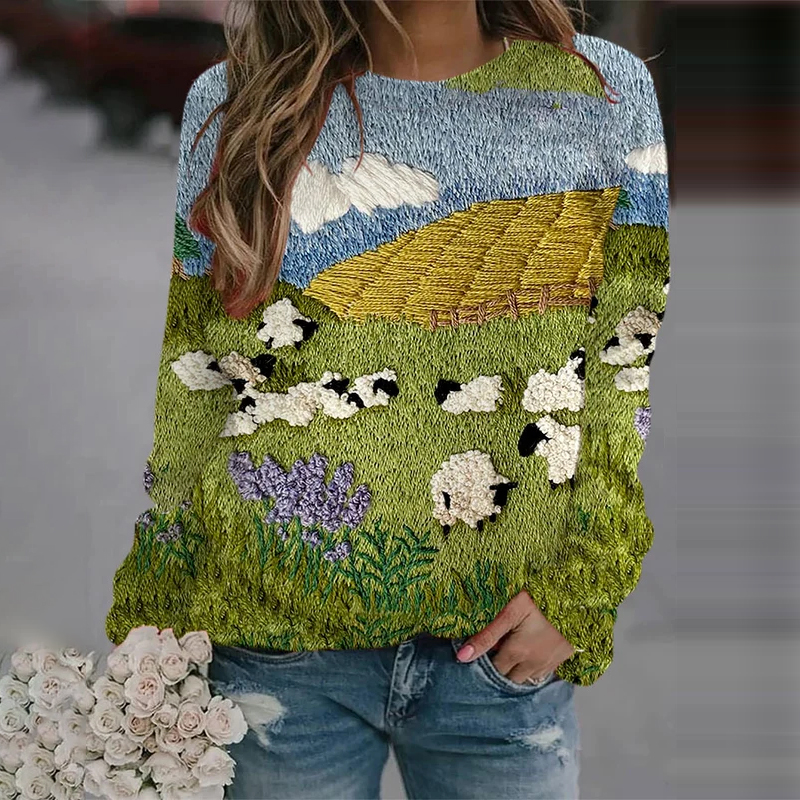 Women'S Cute Sheep Print Crew Neck Sweatshirt