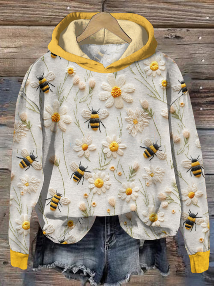 Daisy Bee Embroidery Art Print Casual Hoodie