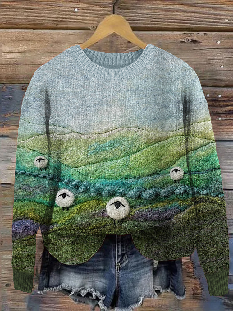 Sheep Grassland Landscape Felt Art Cozy Sweater