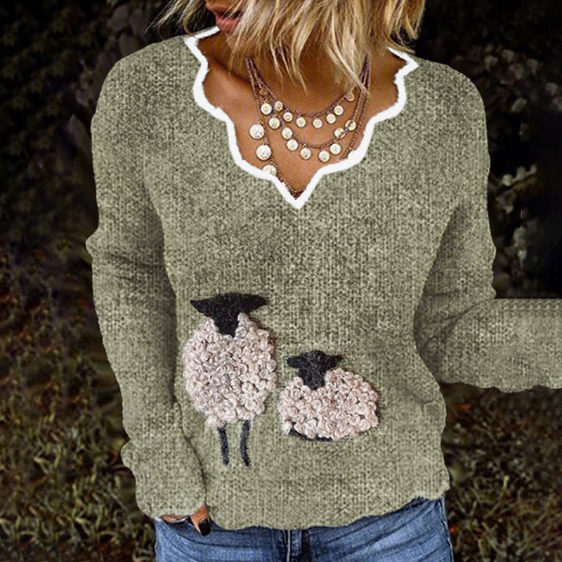 Women's Cute Plush Sheep French Cashmere Print V-Neck Cozy Knit Sweater
