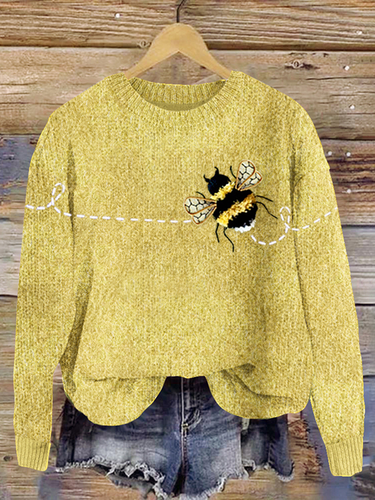 Flying Bees Wool Felt Art Graphics Cozy Knit Sweater