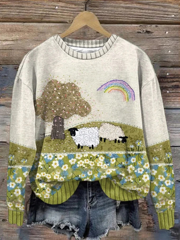 Women's Animal Sheep Art Comfort Print Casual Sweatshirt