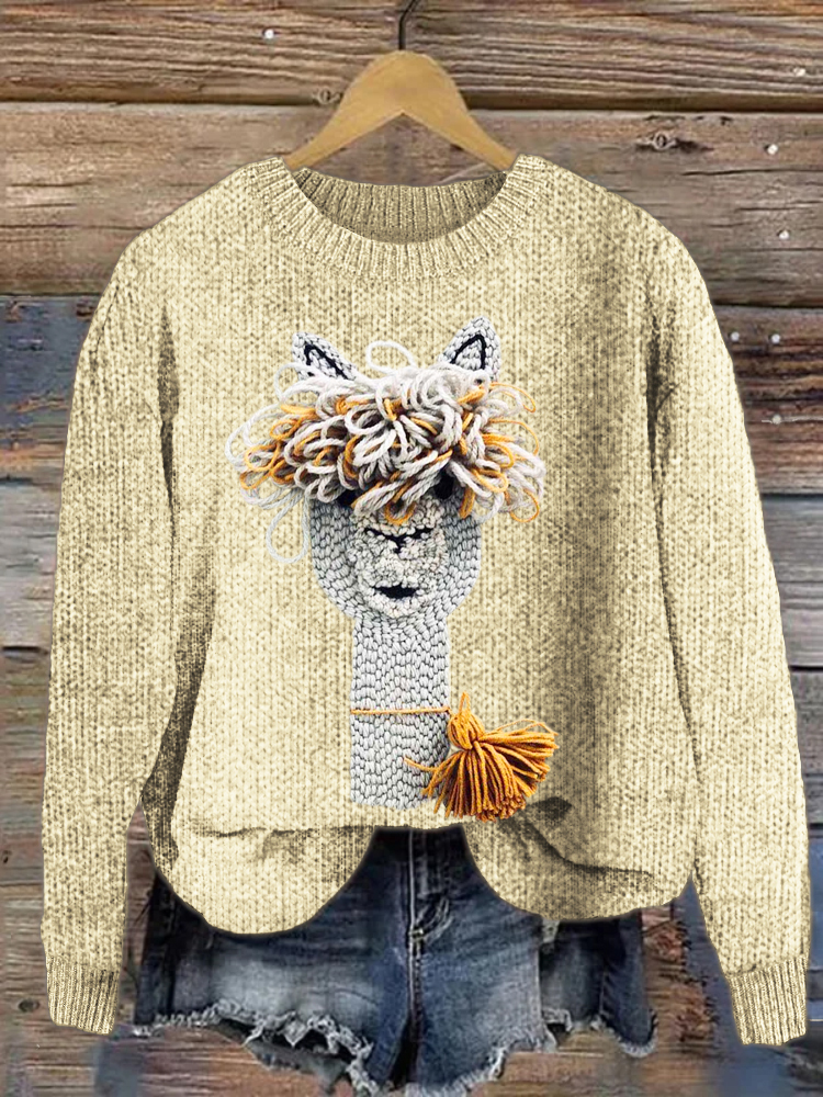 Fringed Alpaca Farm Animal Knit Pattern Cozy Sweater