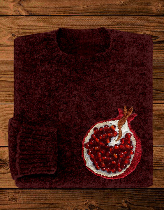 Pomegranate Bead Embroidery Art Cozy Knit Sweater