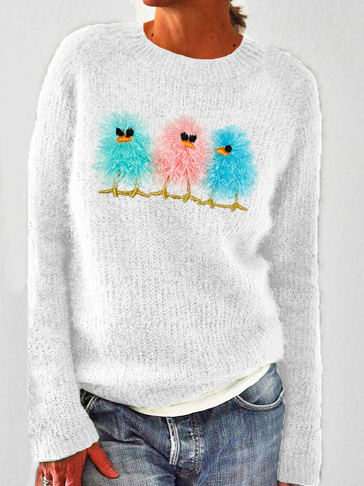 Chicks Embroidery Cozy Knit Sweater