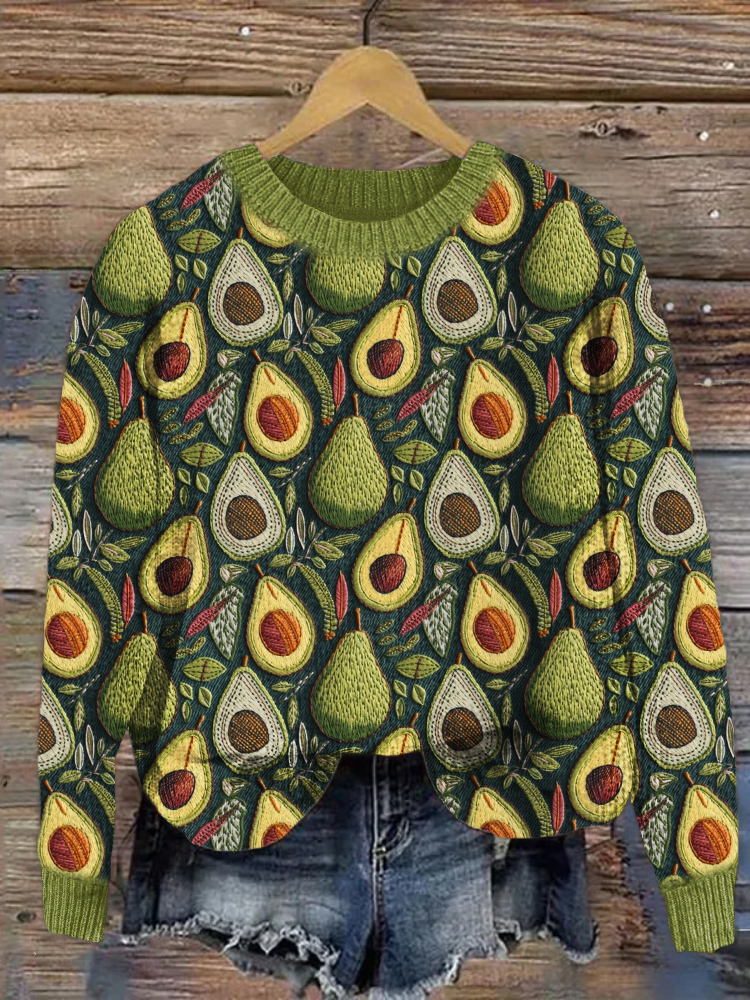 Avocado Embroidery Pattern Cozy Knit Sweater
