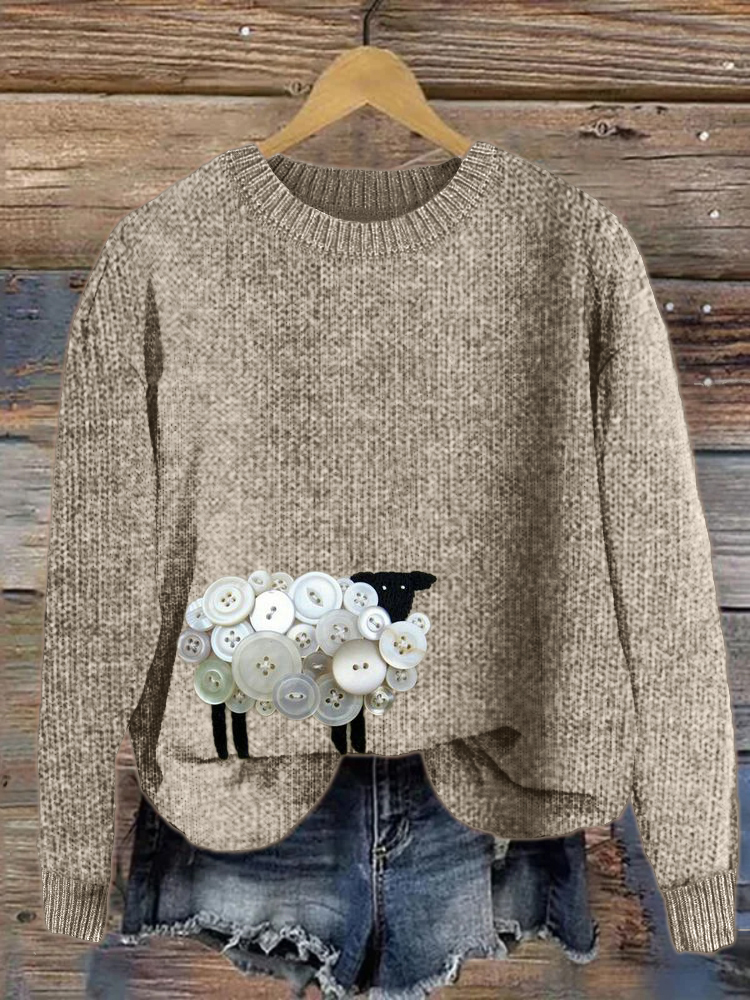 Farm Sheep Buttons Embroidery Cozy Sweater