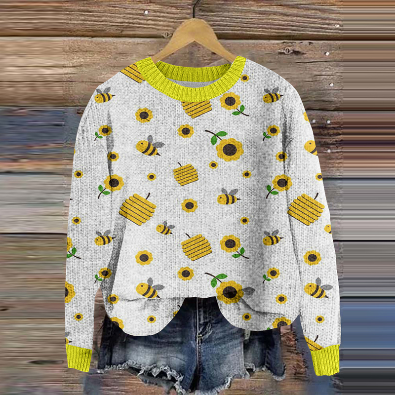 Flowers, Honey And Bees Pattern Cozy Knit Sweater