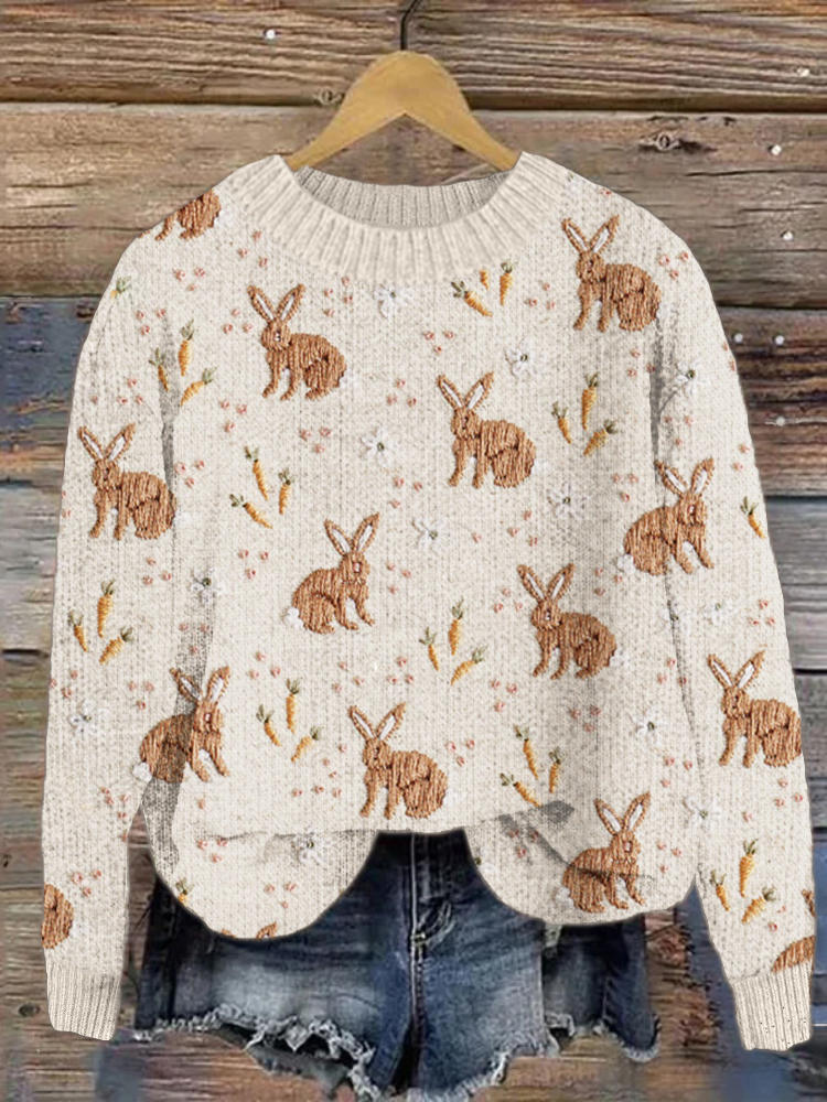 Rabbit & Carrot Embroidery Cozy Knit Sweater