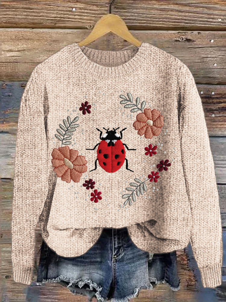 Ladybug & Flower Embroidery Knit Sweater