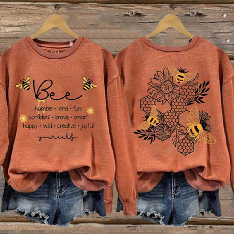 Bee Print Round Neck Long Sleeve Sweatshirt