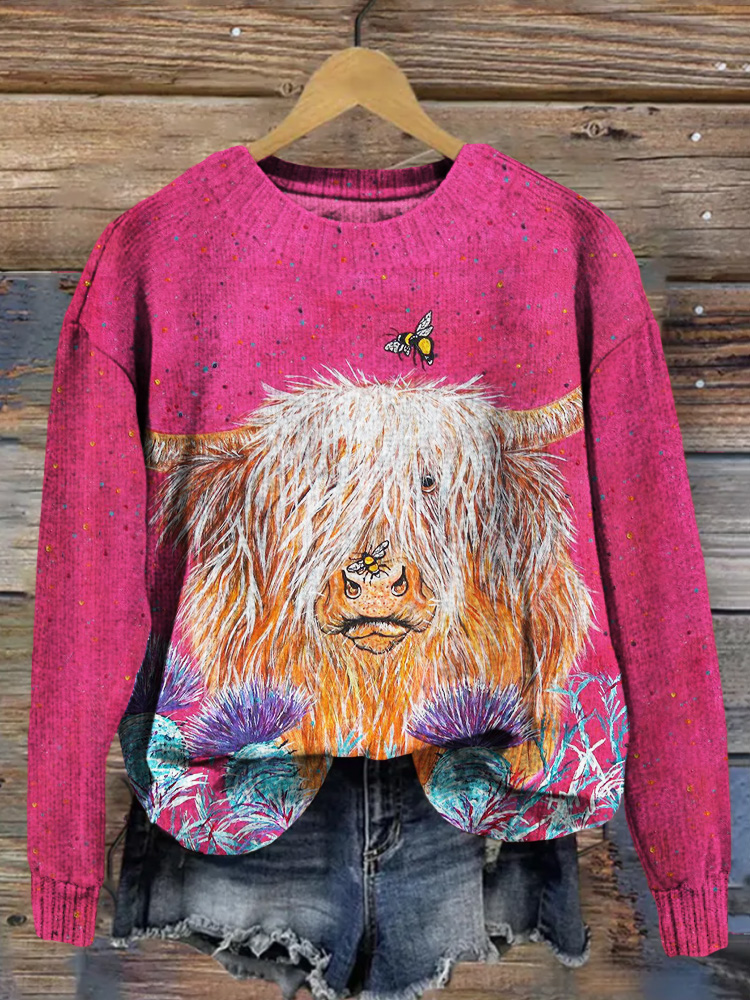 Highland Cow with Bees Art Pattern Cozy Knit Sweater