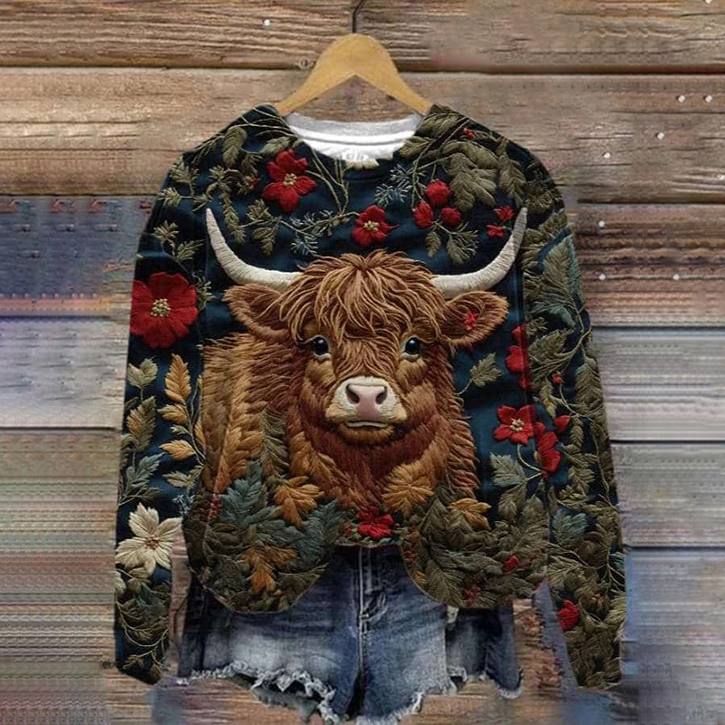 Women's Highland Cow Flowers Casual Sweatshirt